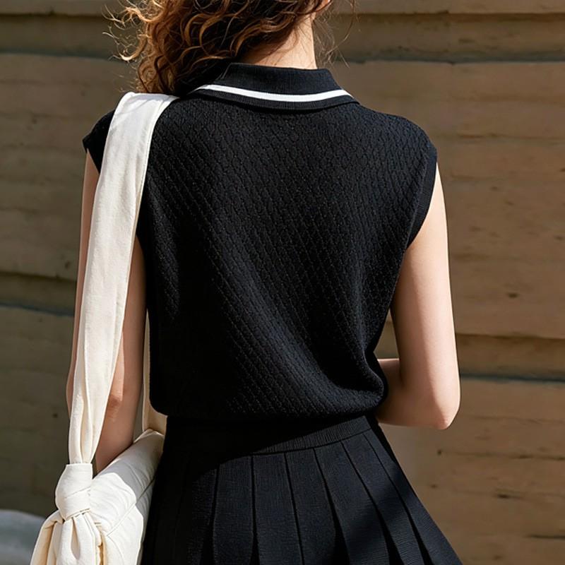 Womens Knit Jacquard Tennis Set Sleeveless Zipper Collar Top High-Waisted Pleated Skirt Sport Suit Gym Running Dance
