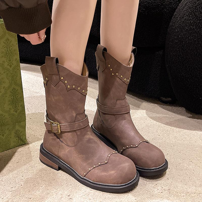 Retro Fashion Simple Generous British Belt Buckle Flat Bottom Rivet Western Boots Knight Boots Short Boots Female Martin Boots