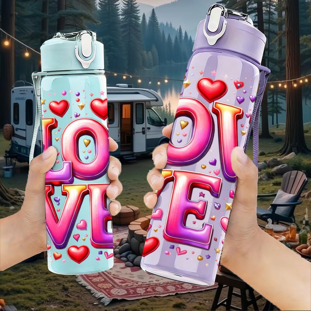 1PC Love Heart Valentine Lettering 750ml Color Plastic Sports Water Bottle Leakproof Flip Straw Lid Suitable for Sports Office Home Use