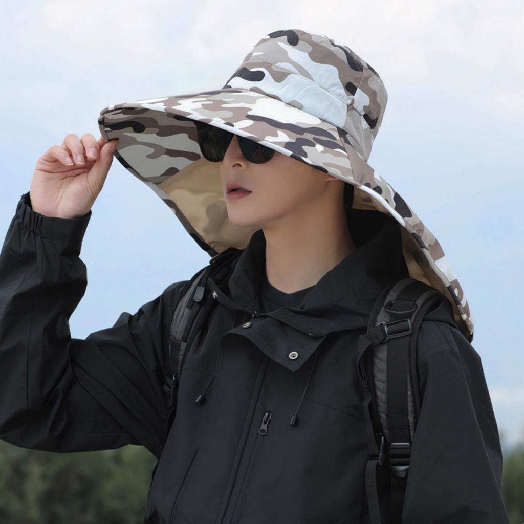 Camouflage Hat Men's Summer Outdoor Hiking Cycling Fishing Sun Protection Large Brim Face Covering Hat Fishing Mountaineering Bucket Hat