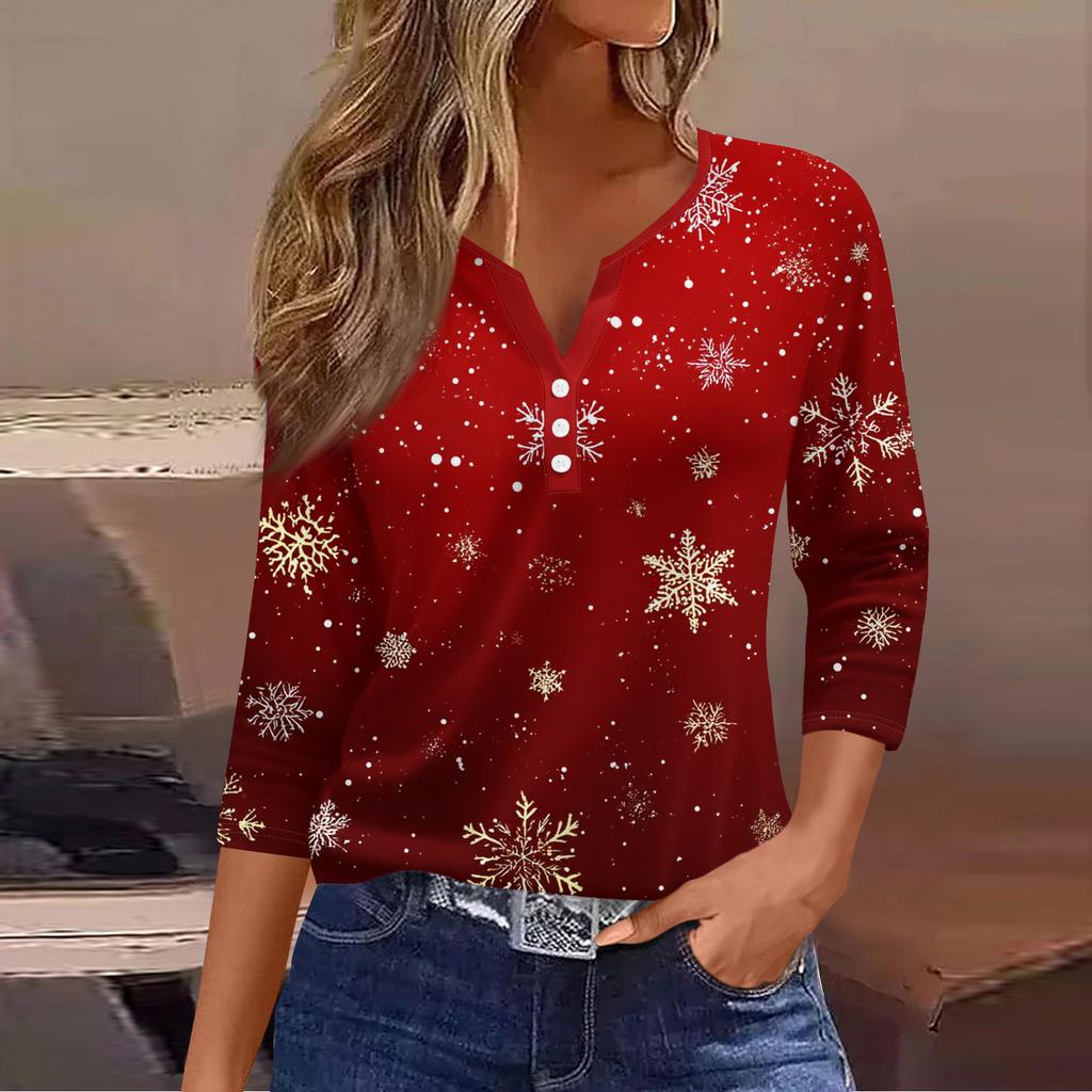 Maglietta Top da Donna Moda Casual Stampa Albero di Natale Scollo a V Bottone Decorativo Manica a Tre Quarti