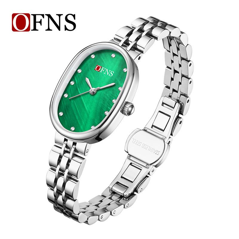 Fashion Ofns Women's Fashion Luxury Pearl Mother Of Dial Diamond Dot Oval Quartz Waterproof Light Dress Watch For Girlfriend Gif