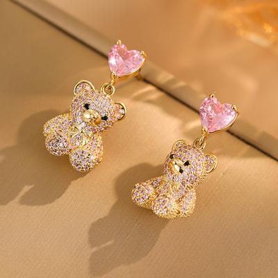 925 Silver Needle Micro-Inlaid Zircon Bear Earrings Women'S Niche Design Love Stud Earrings Fashion Temperament Earrings