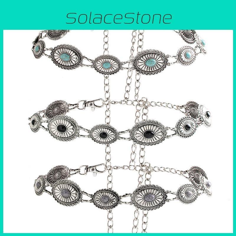 Turquoise Retro Green Metal Waist Chain For Women With Elegant Design And Buckle Hook