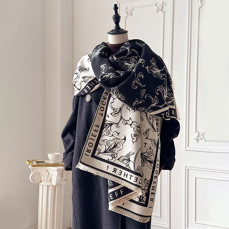 Scarf Women'S Winter Flowers Versatile Premium Feeling Imitation Cashmere Tassel Letter Large Shawl Trend Warm Scarf