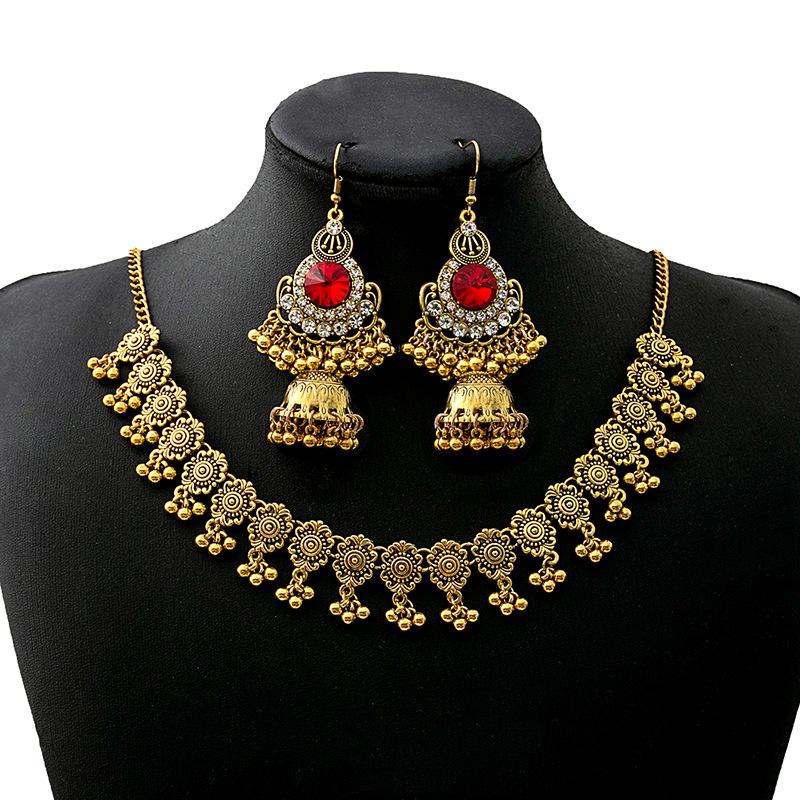 Bohemian Retro Diamond Jewelry Set: Round Earrings & Rice Bead Pendant Necklace.