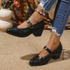 Office Ladies Elegant High Heel Pumps Brown Buckle Straps Chunky Heeled Mary Janes Women's Autumn Zapatillas De Mujer Size 36-43