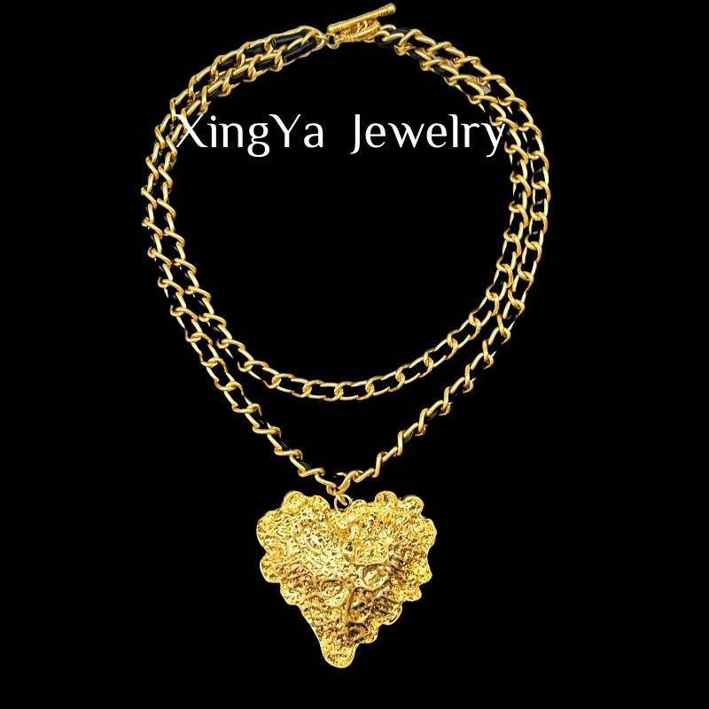 Vintage Electroplated Genuine Gold Leather Chain With Lava Texture Exaggerated Large Heart Pendant Necklace Earring Set