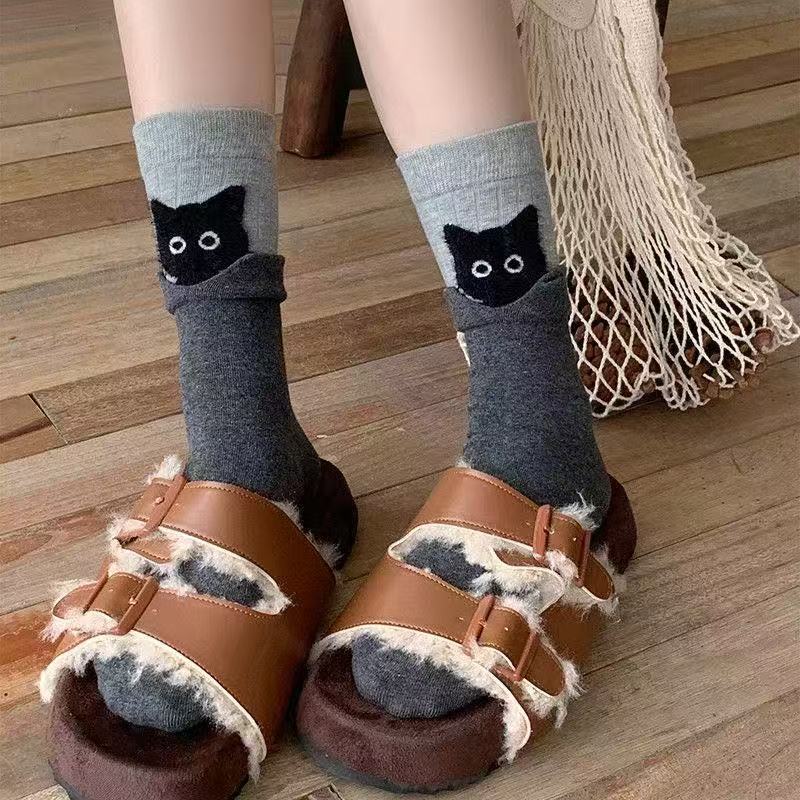 Korean Style Trendy Sweet Cute Soft Cotton Socks Women's Color-blocked 3D Cartoon Kitten Mid-calf Socks