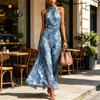 High-waisted Dress Floral Chiffon for Women, Halter Sleeveless Ruched Maxi Green Print Dress, Turtle Neck Wedding Guest Cocktail Evening Pleated Waist