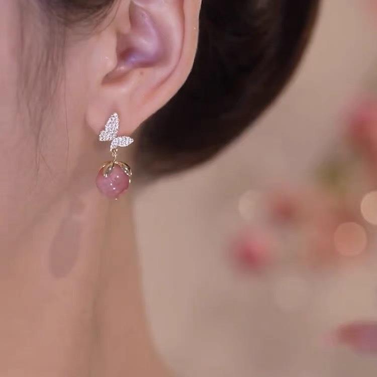 Elegant Butterfly & Pink Cat's Eye Earrings: Full Diamond Accents for Women