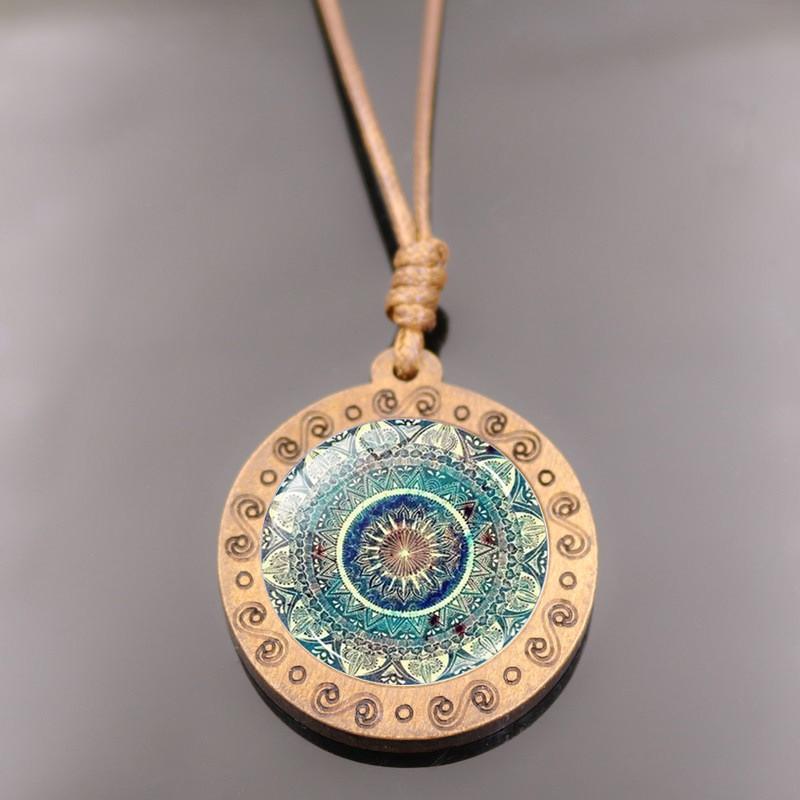 Retro Crystal Pendant Necklace With Mandala Design Brown Wax Rope Elegant Fashion Accessory For All Genders