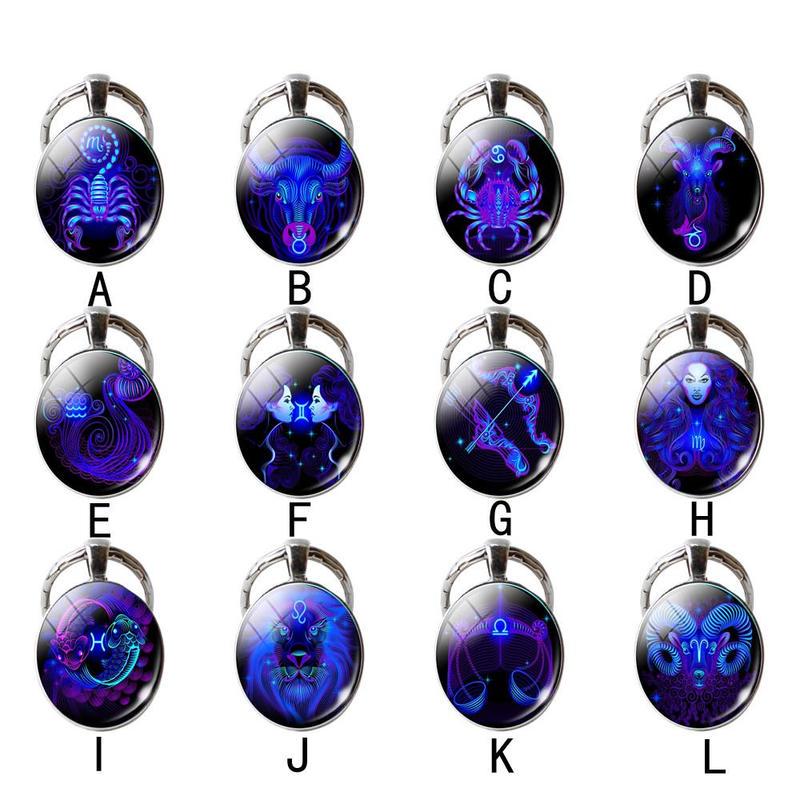 Key Chain 12 Constellation Zodiac Sign Pendant Double Face Keyring Key Holder