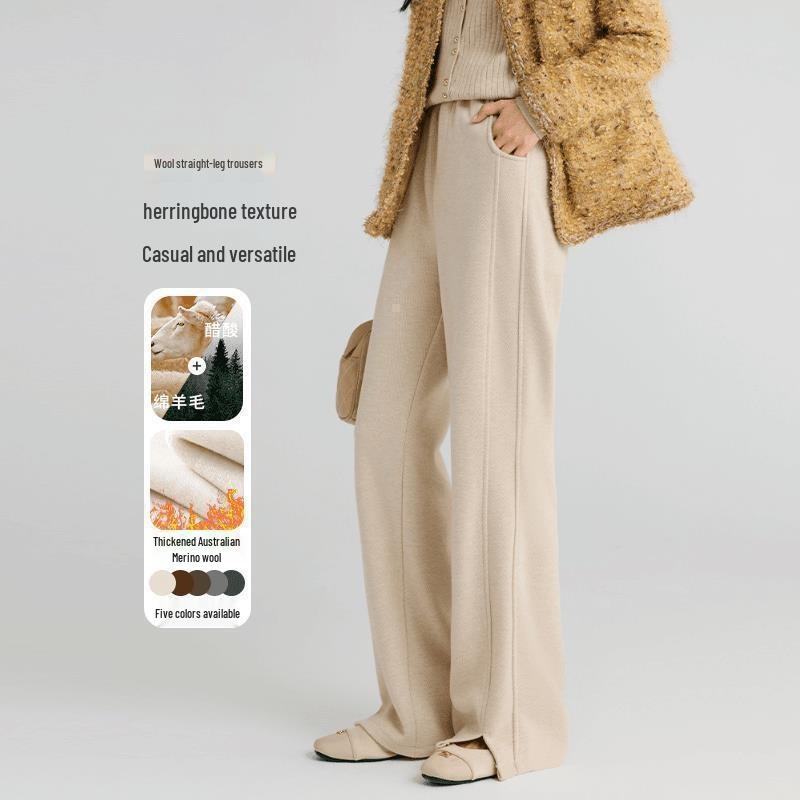 

Women s Herringbone Pattern Wide-Leg Velvet-Lined Cotton Pants - Slimming Straight-Leg, Spandex, Slit, for Autumn/Winter 2024. M