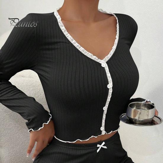 2 Adet/Takım Bahar Kadın Üst Pantolon Takım Uzun Kollu V Yaka Dantel Büzgülü Kenar Kırpılmış Üst Elastik Bel Pantolon Kıyafet Ev Giyim Pijama Takımı