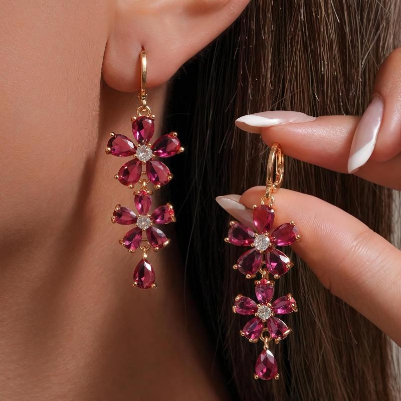 

Luxurious Red Color Flower Shaped Women s Pendant Earrings Inlaid with Sparkling Cubic Zirconia Fashionable Banquet Zircon