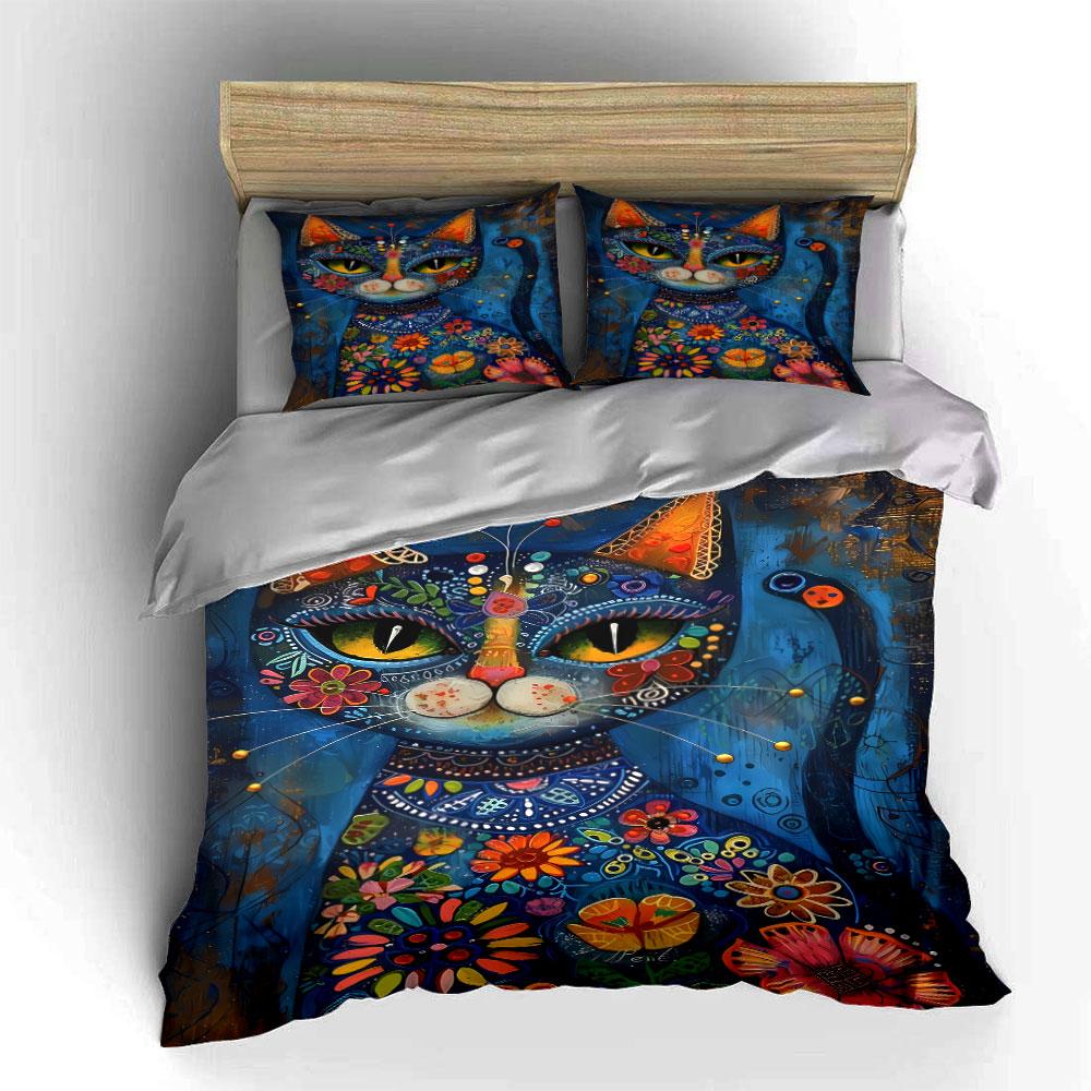 Colorful floral cat design. Bedding sets Duvet cover sets Duvet covers Pillowcases(1 * Duvet Cover 2 * Pillowcases without duvet insert)