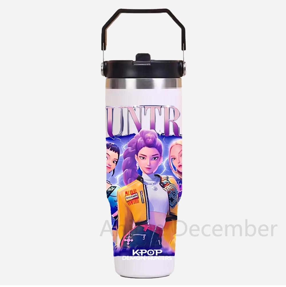 30Oz K-Pop Portable Car Cup Stainless Steel Thermos Cup with Straw Travel Sports Water Bottle with Handle Cover Coffee Vacuum Flask