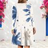 Damen Übergröße V-Ausschnitt Langarm Batik Druck Blau Weiß A-Linien-Kleid
