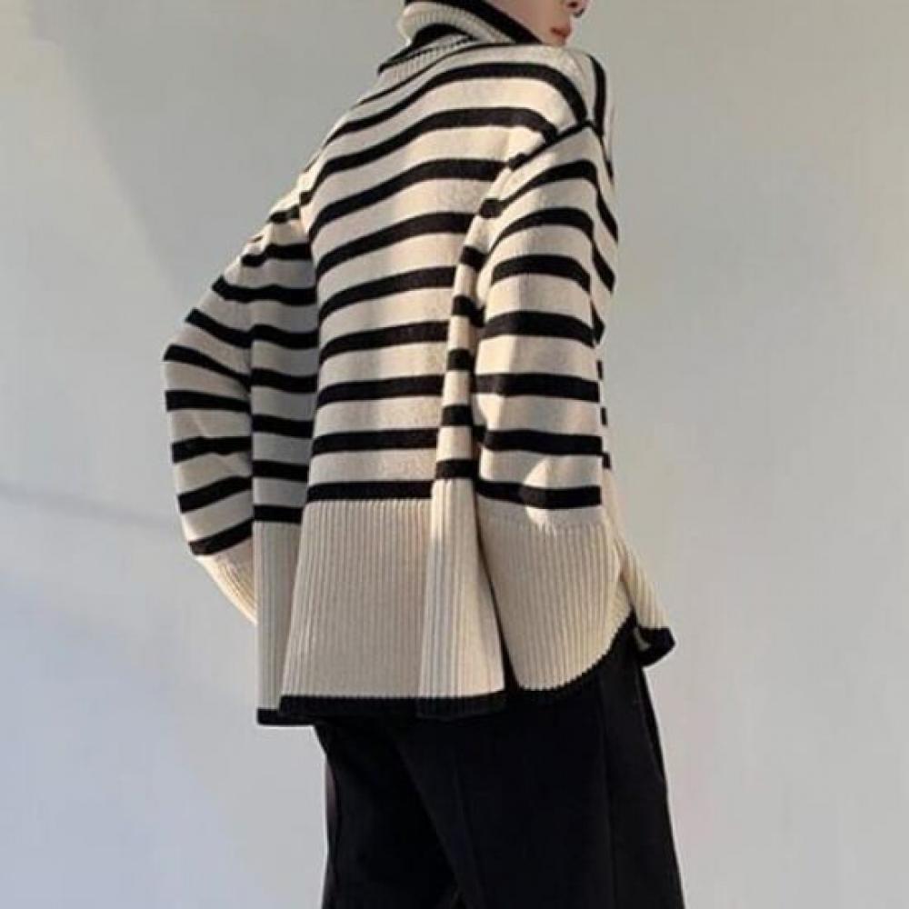 Navava Women S Striped Hem Slit Turtle Neck Long Sleeve Knit Top Nk2513