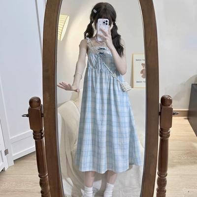 Salt Girl Super Good-looking Fake Two-piece Dress Summer Casual Plaid Sweet Little Man Wearing Suspender Skirt Woman