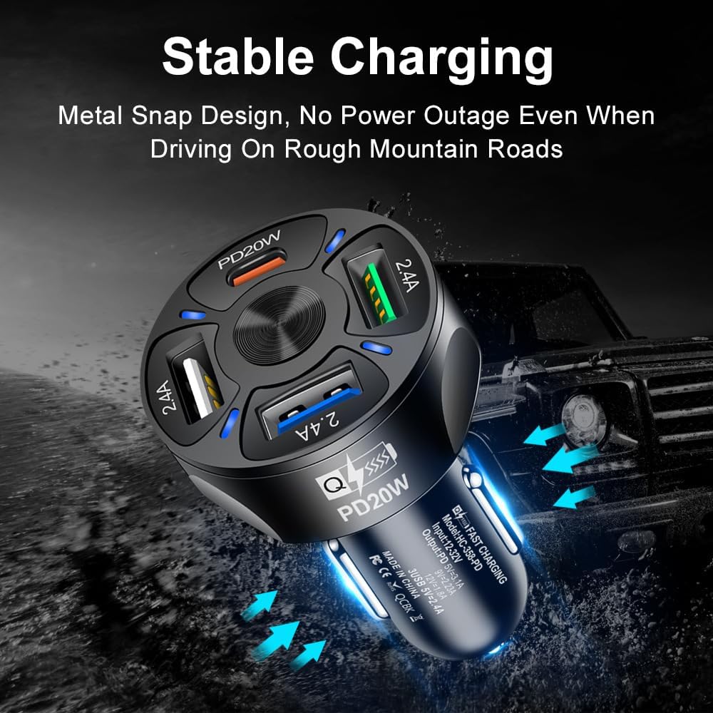 250W 5 Ports Car Charger Fast Charging PD QC3.0 USB C Car Phone Charger Type C Adapter In Car For IPhone