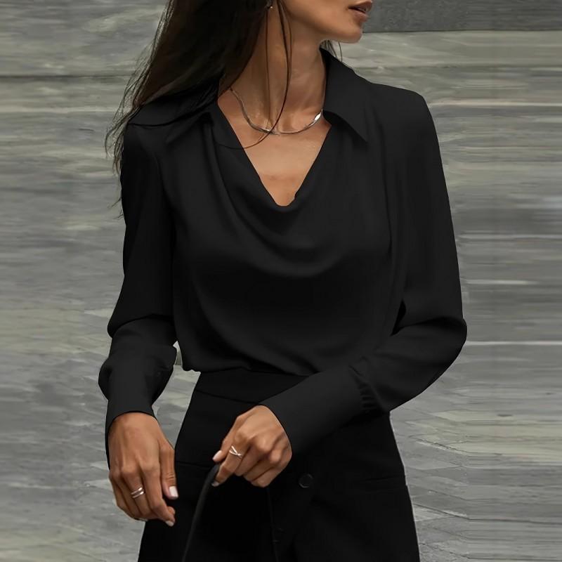 Elegant Solid Color Wrap Neck Womens Blouse Long Sleeve Office Shirt Casual Workwear