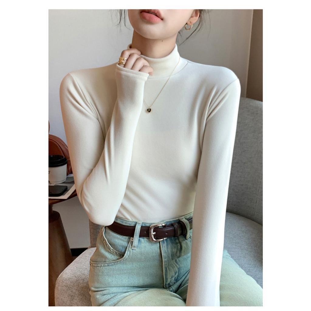 Half High Neck Double-sided German Velvet Base Shirt for Women , with Solid Color and Thick Velvet Inside, Warm Long Sleeved Top