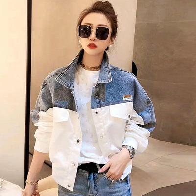 Fashionable Women's Denim Jacket with  Contrasting Colors, Spring Autumn Patchwork Coat
