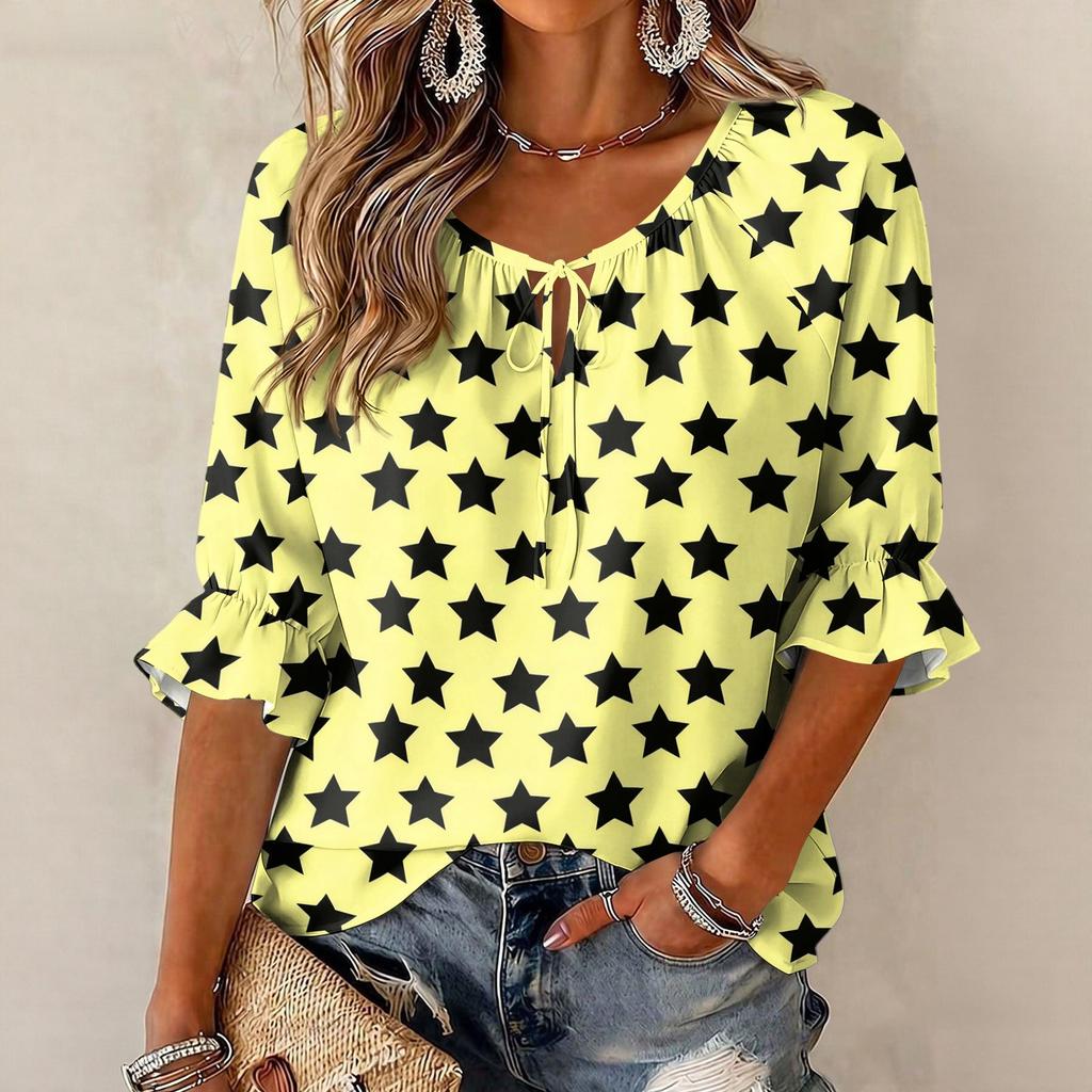 Women's Round Neck Three-Quarter Sleeve Blouse with Star Print and Ruffle Hem Tie