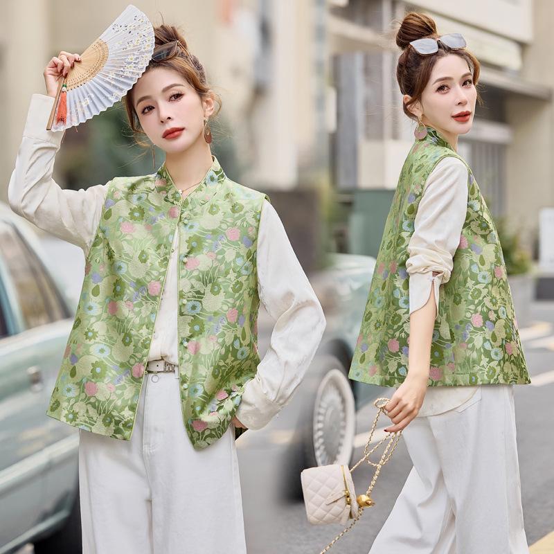 

Весна 2025 Рубашка в китайском стиле с застежкой-лягушкой и элегантный жаккардовый жилет со стойкой XL 125-140 lbs зелёный/цветочный