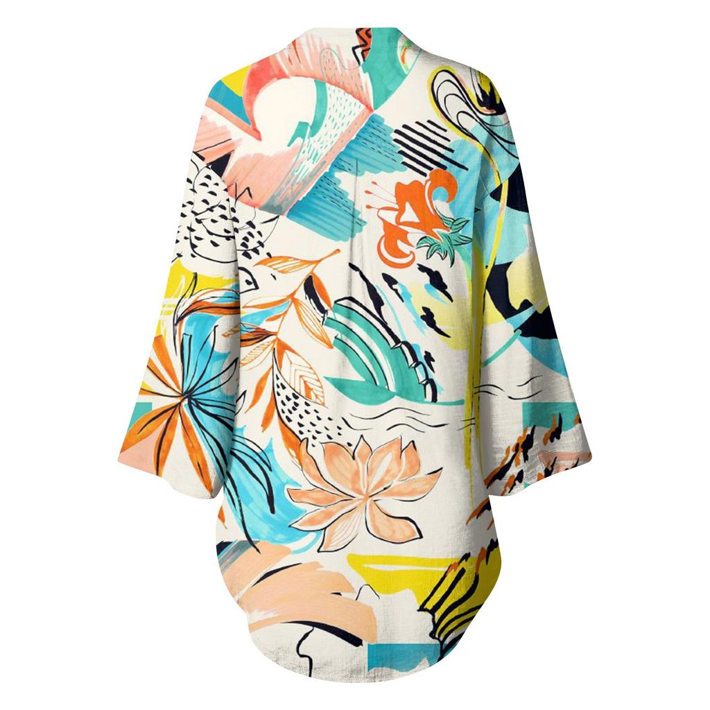 Women's New Button Collar Fashion Print 3/4 Sleeves Retro Print T-Shirt Slim Top Casual Tops