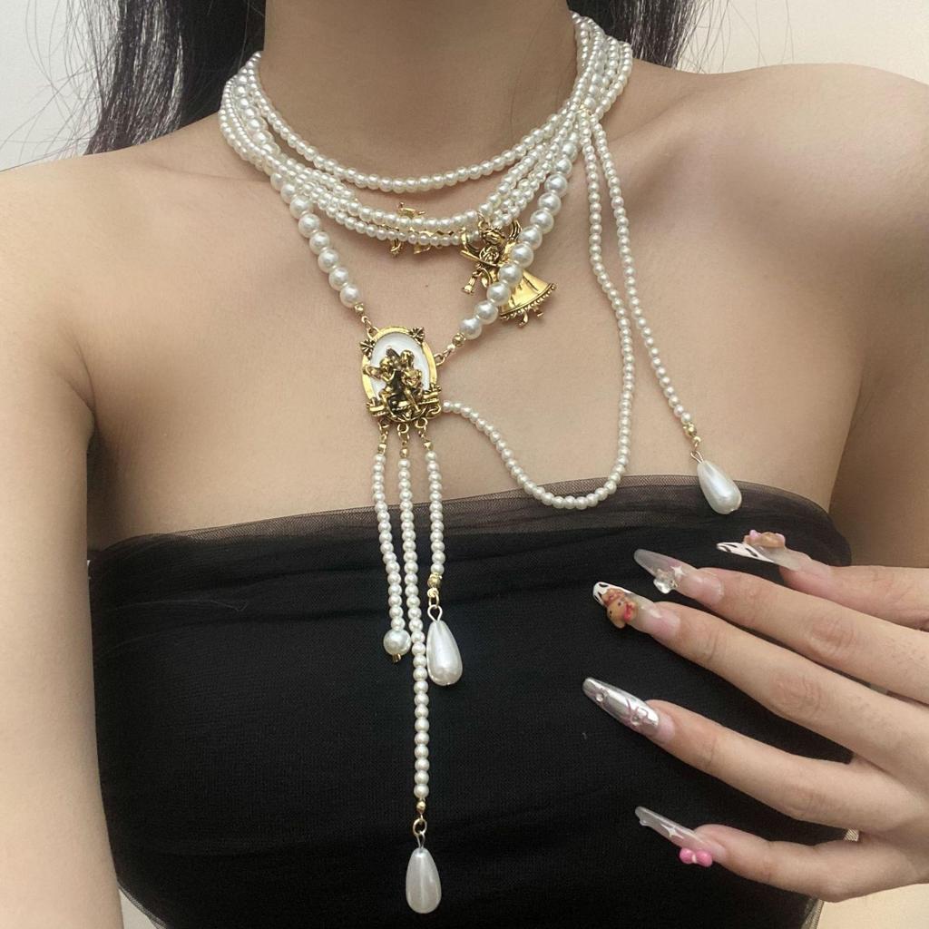 Y2K Gothic Style Black Beaded Cross Necklace & Cool Girl Sweatshirt Accessory