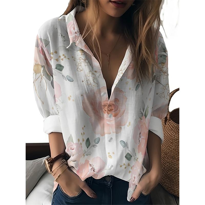 Womens Summer Shirt Fun Printed Lapel Shirt Casual Outdoor Loose Large Size Shirt Fashion Comfortable Breathable Long Sleeve Top
