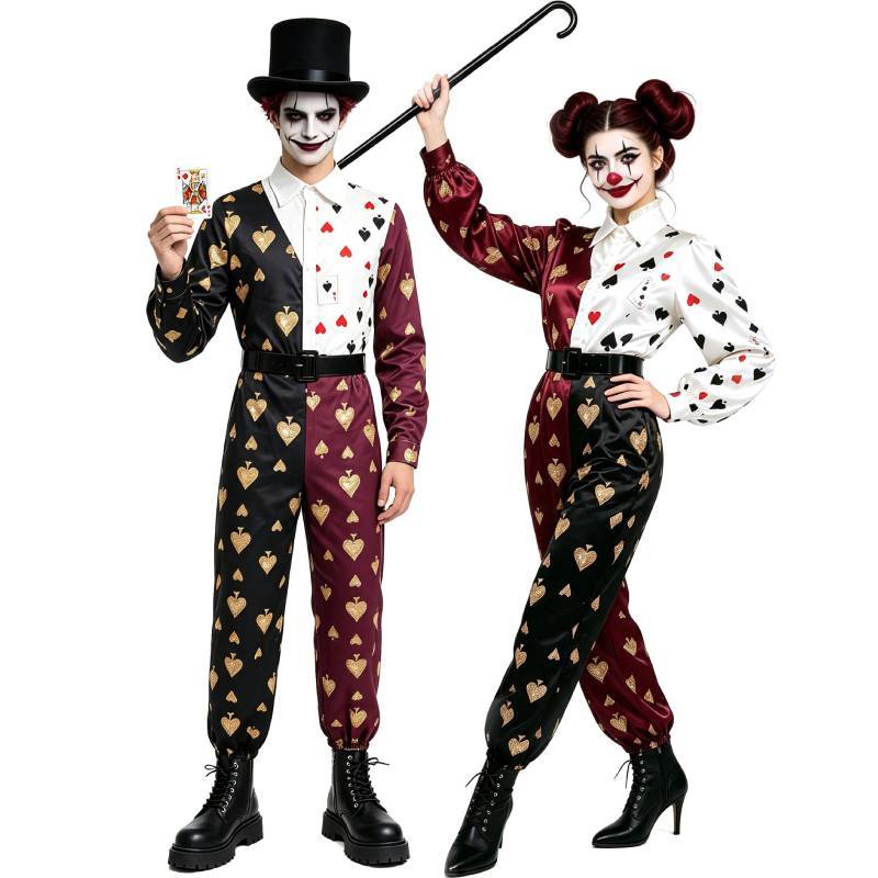 Halloweenový temný cirkusový klaunský overal s potiskem pokerových karet pro cosplay a kostýmovou párty