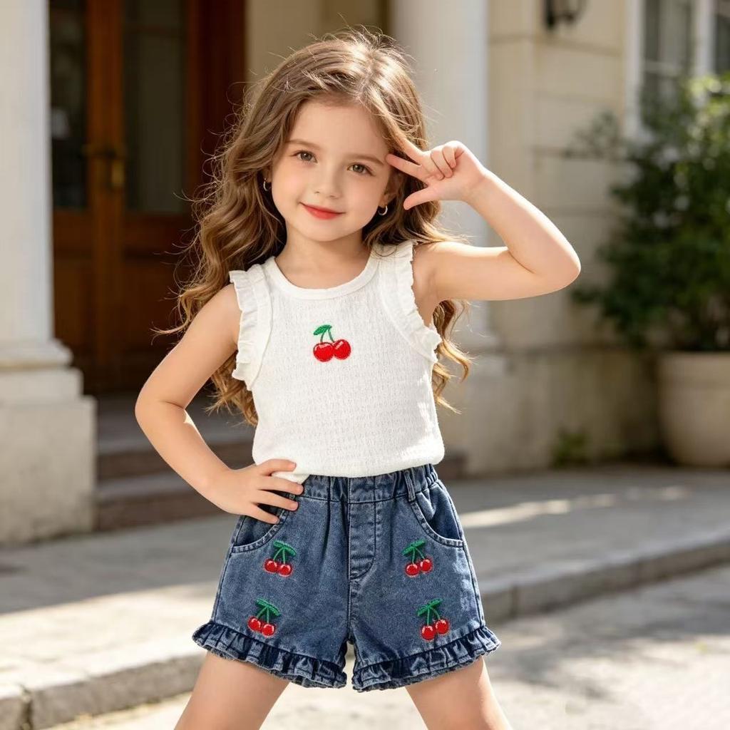 Children's Fashion Set: Summer Girls' Cherry-Print Tank Top + Vintage-Style Jeans Set