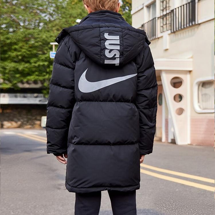 Nike Down Jacket Logo Print Warm Mid-Length Zipper Hooded Coat Kids Outerwear Black NY2042166GS-001-F01
