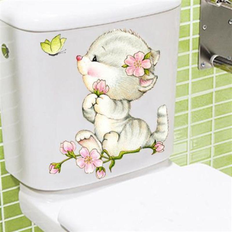Removable Wall Stickers Mimic Real Cat Toilet Stickers Waterproof Self-adhesive Toilet Stickers Cute Cartoon Kitten Stickers