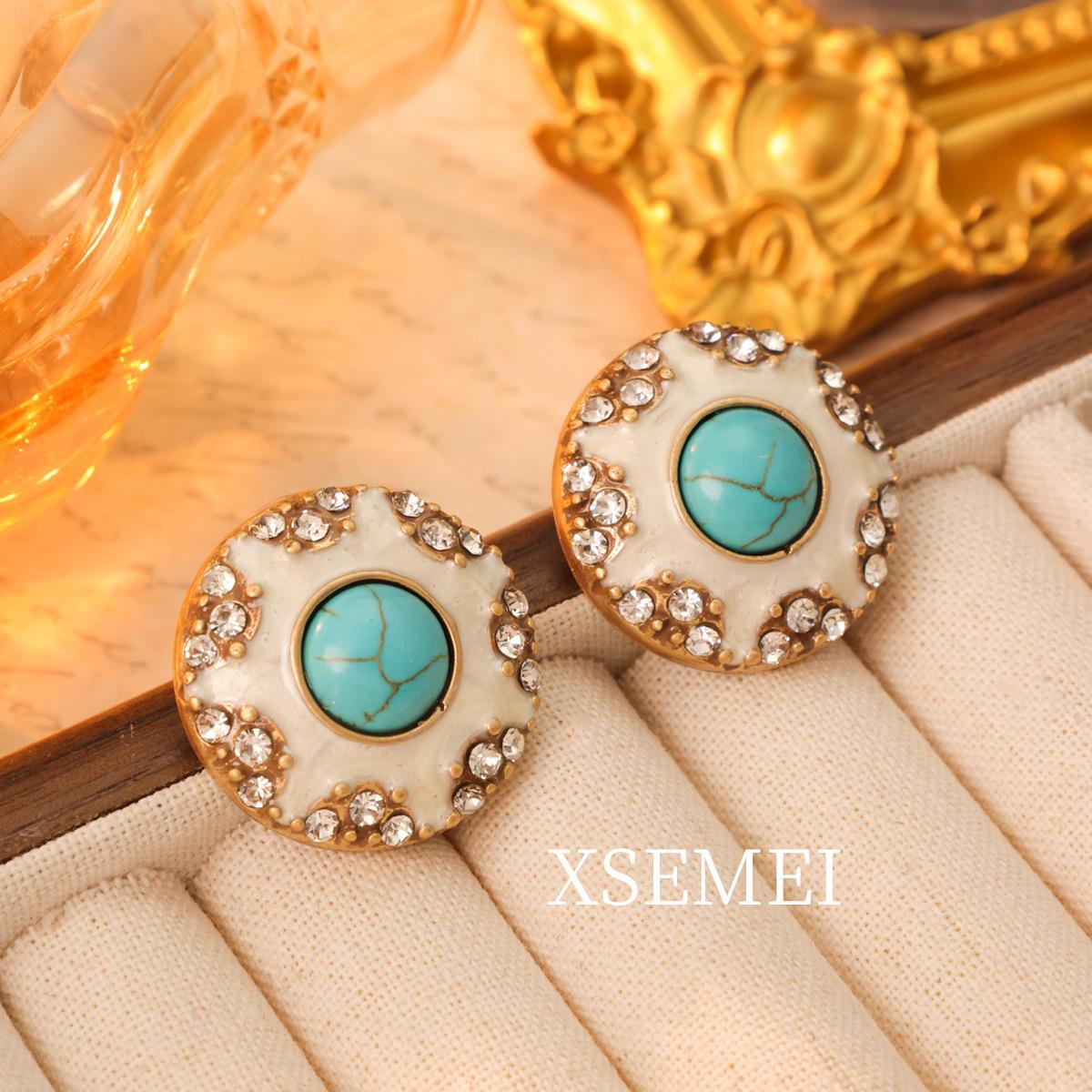 

Vintage Medieval Pearl Beaded Retro Blue Pine Diamond Multi-layer Stacked Necklace Earrings Set