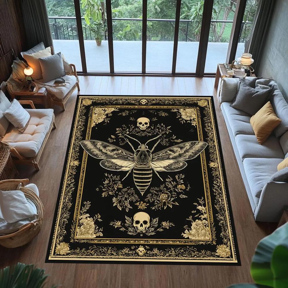 Dark Gothic Skull Moth Print Area Rug, Vintage Occult Botanical Floor Mat for Living Room Bedroom Game Room Dorm Home Decor