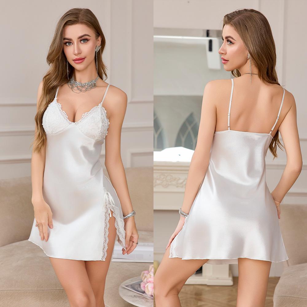 

Ночная сорочка из ледяного шелка с глубоким V-образным вырезом и кружевной отделкой - Женская сексуальная пижама SQ22271 L белый