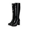 Women's Tall Boots Glossy Patent Leather Round Head Waterproof Table Thick Sole Thick Heel High Heel Side Zipper But Knee Boots Elastic