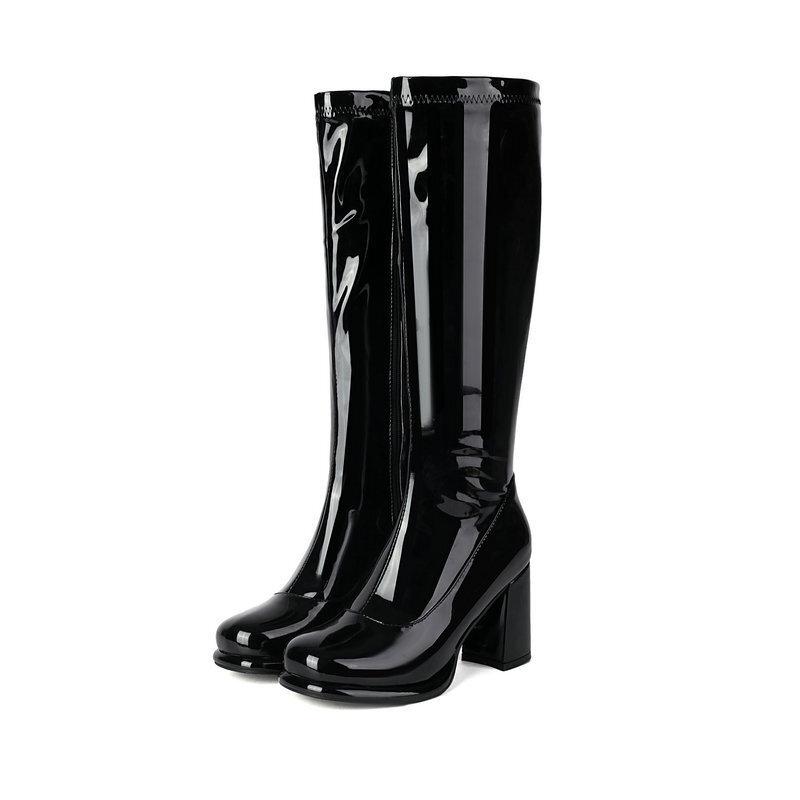 Women's Tall Boots Glossy Patent Leather Round Head Waterproof Table Thick Sole Thick Heel High Heel Side Zipper But Knee Boots Elastic