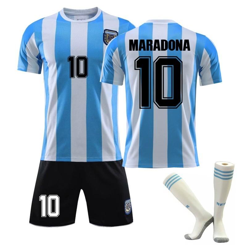 Maradona 1986 Argentinien Heim 10 Trikot Set Fußball-Kit mit Socken Retro Klassiker Fan Sammlerstück #XL