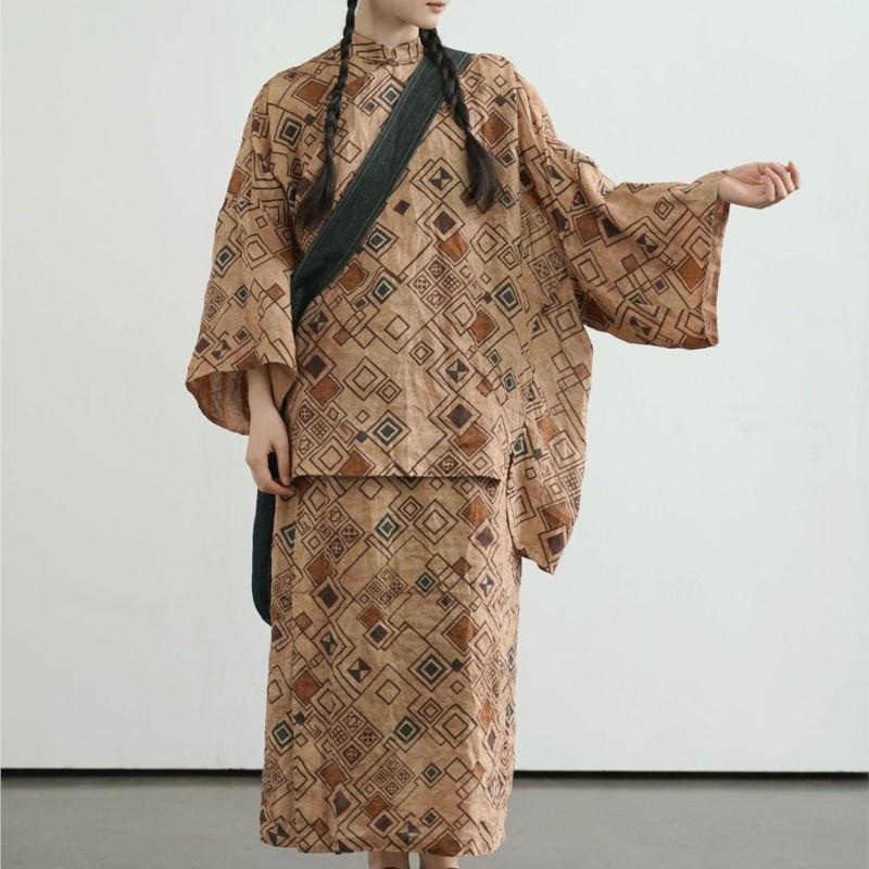 Johnature Women Vintage Plaid Chinese Style Skirts Spring Loose Bat Sleeve Female Skirts