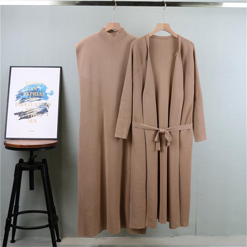Women's Autumn Fashion Long Knitted Cardigan Suit, Sleeveless Vest Dress Paired with Long Knitted Cardigan Two-piece Set