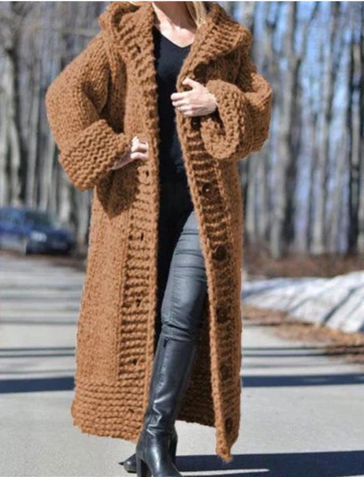 2025 Damen Langer Kapuzen-Strickmantel Locker Gestrickter Pullovermantel