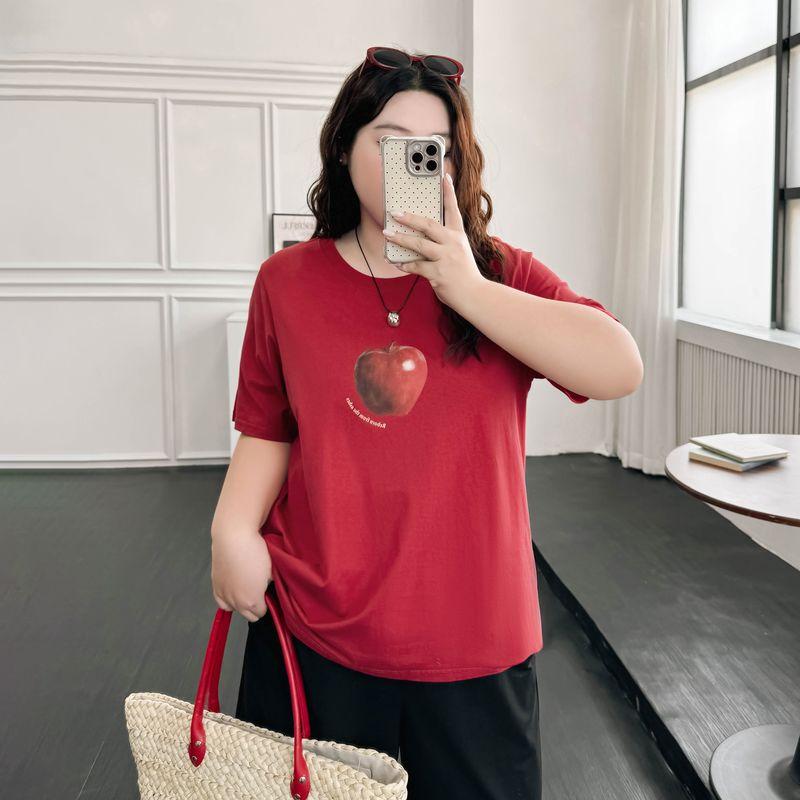 

Plus size women clothing [Retro Street T] Chubby Girl Summer Fruit Print Short sleeve T-shirt 100.00kg Belly Covering Top Carmine 7xl