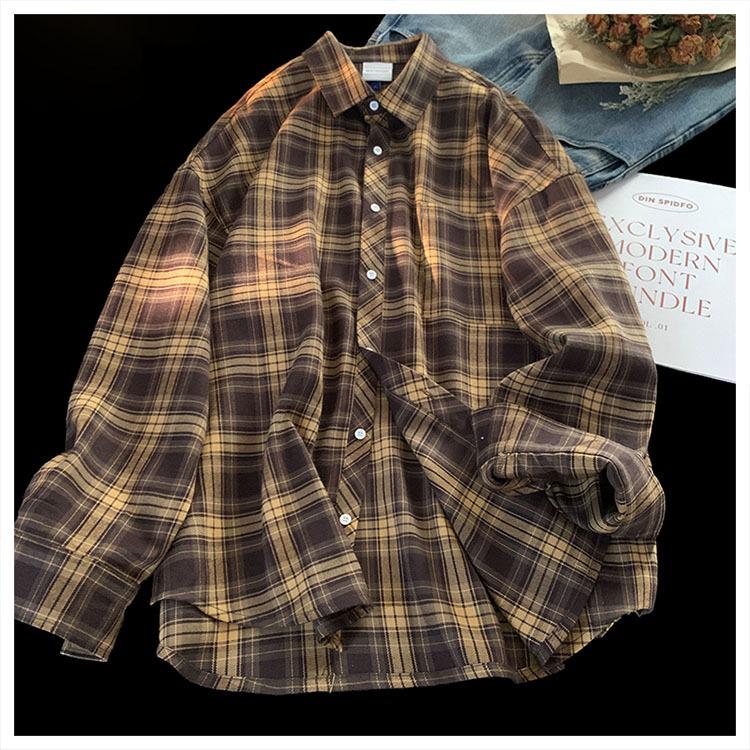 

Мужская клетчатая рубашка высокого класса в гонконгском стиле - Модная осенне-зимняя с длинным рукавом в японском стиле, для ношения под одежду и в качестве весенней куртки M кофейный