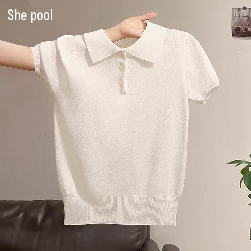 

Shechi Women s Solid Polo Collar Knitted Short Sleeve T-Shirt One Size